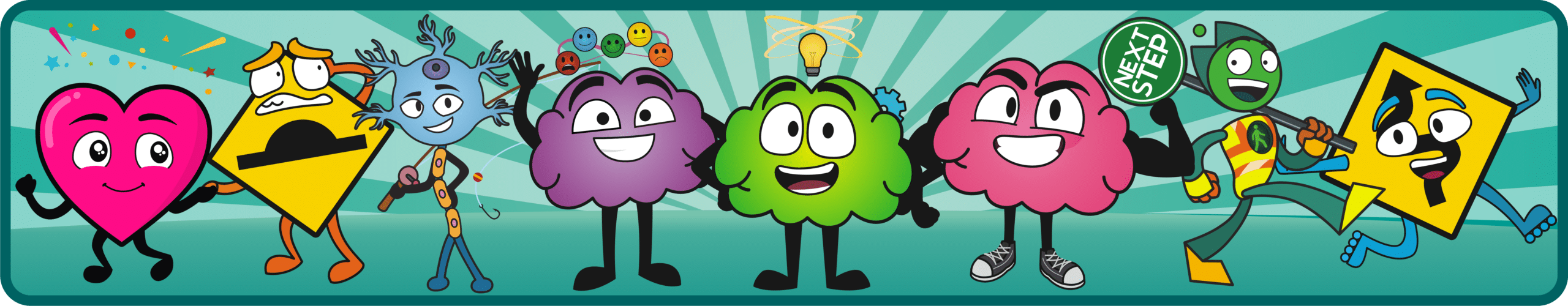 Whole brain learning banner with illustrated brain characters and symbols representing different thinking styles and student development