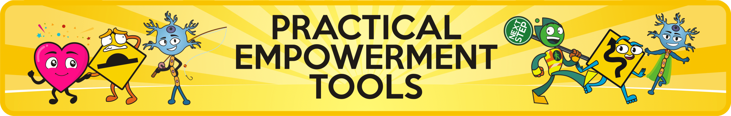 Practical empowerment tools banner with animated characters and road sign icons representing student wellbeing and learning strategies
