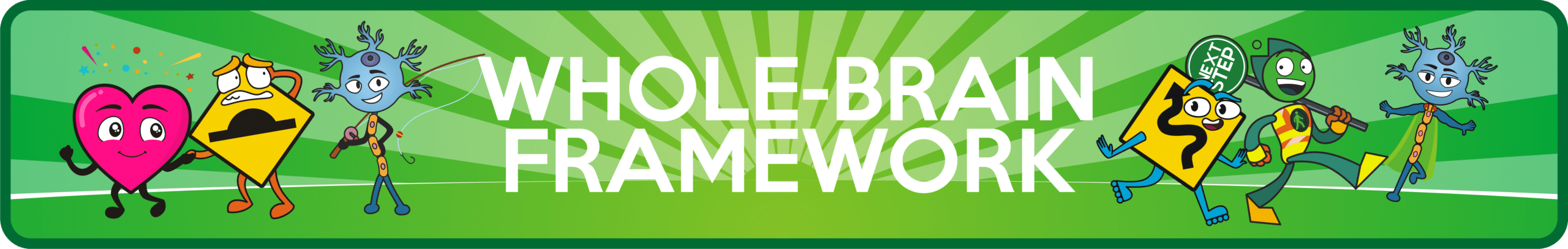Whole brain framework banner with colourful cartoon characters representing emotions, thinking and decision making concepts