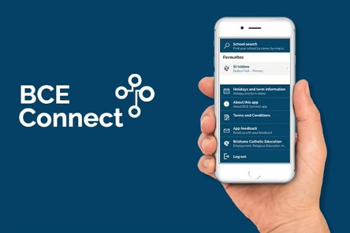BCE Connect app displayed on smartphone screen with school navigation menu and features visible