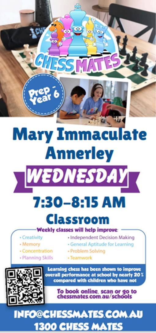 Chess Mates program poster showing students playing chess with session details for Mary Immaculate Primary School Annerley